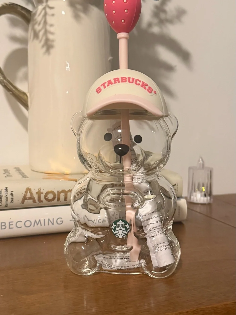 Starbucks Clear Bearista Tumbler with Pink Straw and Cream Cap